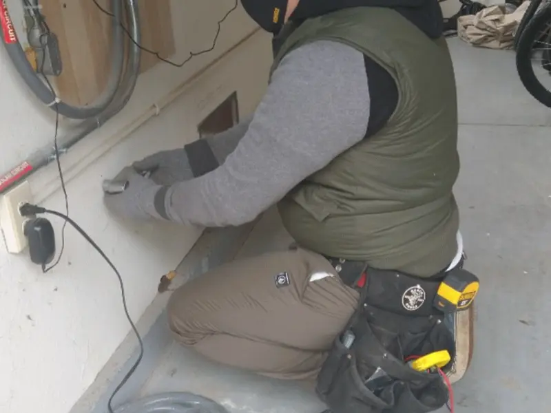 Electrician performing outlet wiring in a Strawberry garage